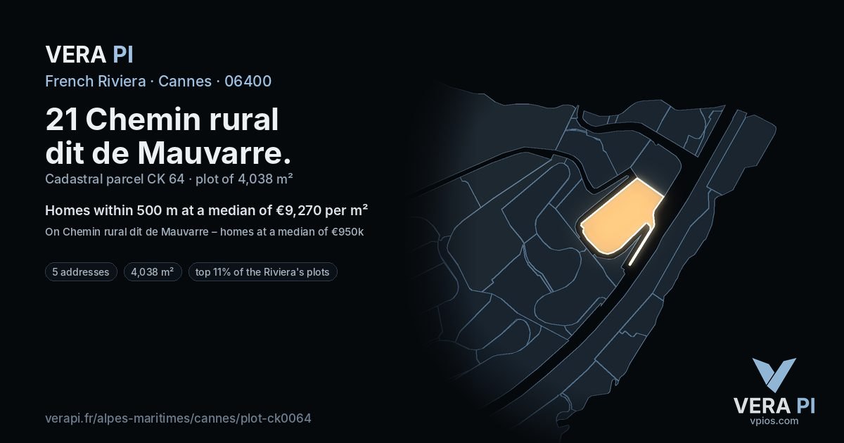 21 Chemin rural dit de Mauvarre, Cannes at night – the plot lit, the parcels around coloured by the prices near them
