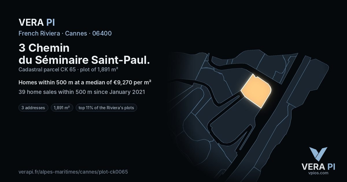 3 Chemin du Séminaire Saint-Paul, Cannes at night – the plot lit, the parcels around coloured by the prices near them