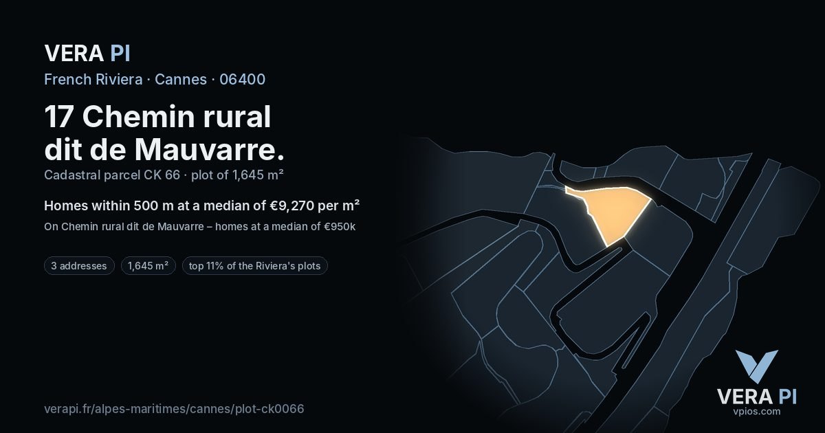 17 Chemin rural dit de Mauvarre, Cannes at night – the plot lit, the parcels around coloured by the prices near them