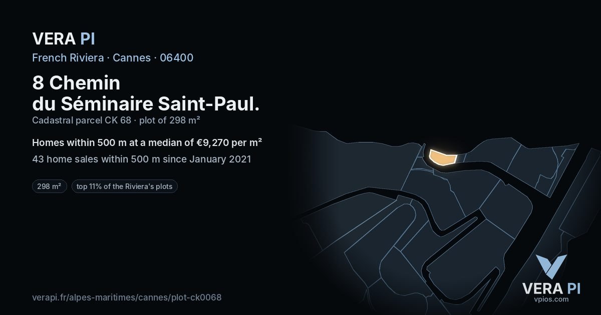 8 Chemin du Séminaire Saint-Paul, Cannes at night – the plot lit, the parcels around coloured by the prices near them