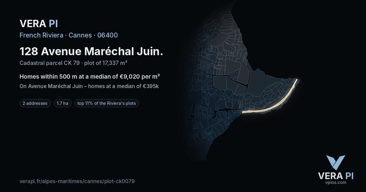 128 Avenue Maréchal Juin, Cannes at night – the plot lit, the parcels around coloured by the prices near them