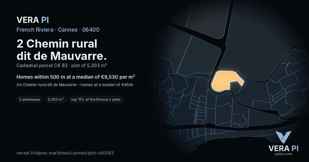 2 Chemin rural dit de Mauvarre, Cannes at night – the plot lit, the parcels around coloured by the prices near them