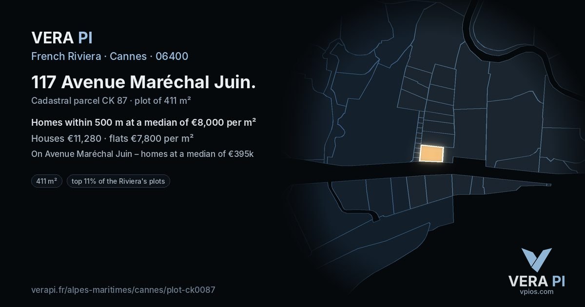 117 Avenue Maréchal Juin, Cannes at night – the plot lit, the parcels around coloured by the prices near them