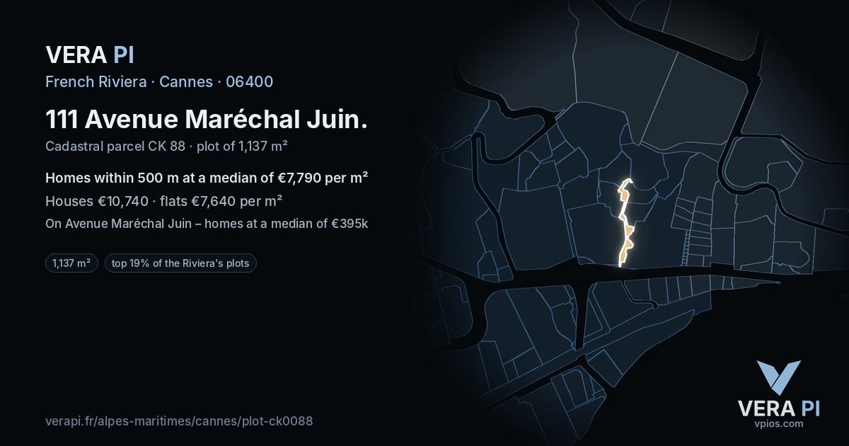 111 Avenue Maréchal Juin, Cannes at night – the plot lit, the parcels around coloured by the prices near them