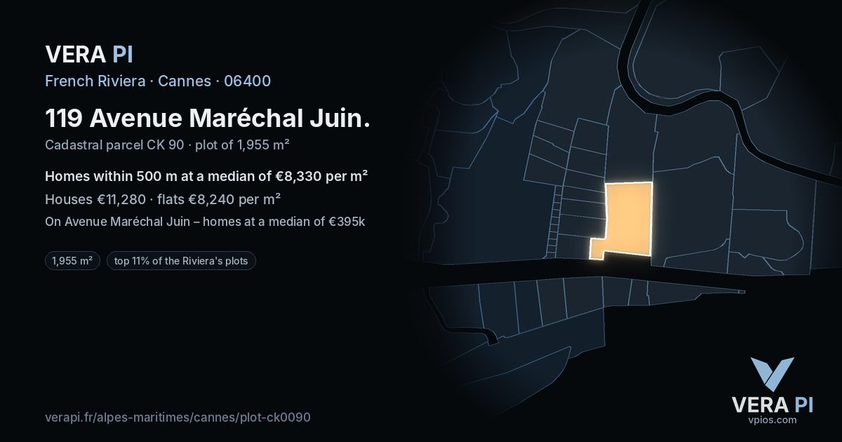 119 Avenue Maréchal Juin, Cannes at night – the plot lit, the parcels around coloured by the prices near them