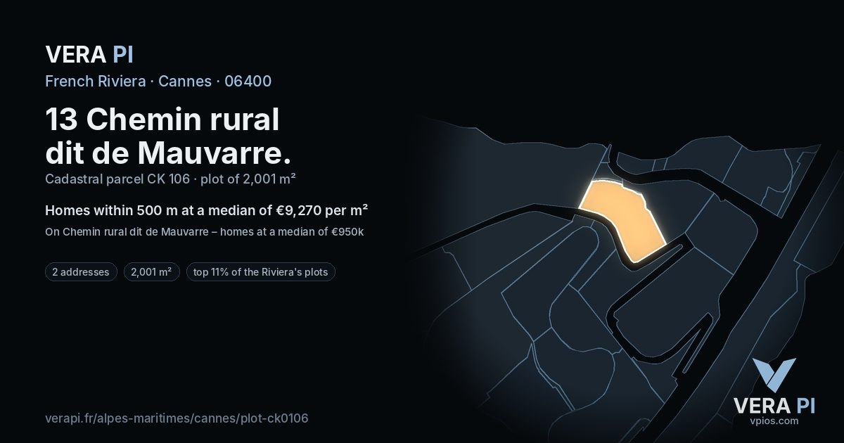 13 Chemin rural dit de Mauvarre, Cannes at night – the plot lit, the parcels around coloured by the prices near them