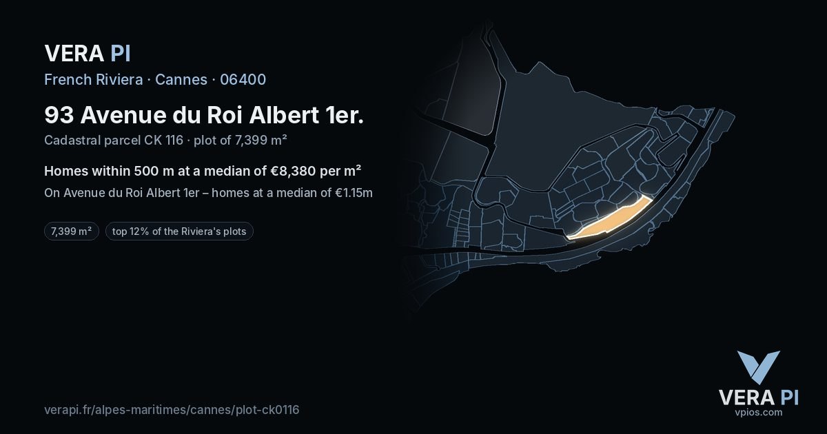 93 Avenue du Roi Albert 1er, Cannes at night – the plot lit, the parcels around coloured by the prices near them