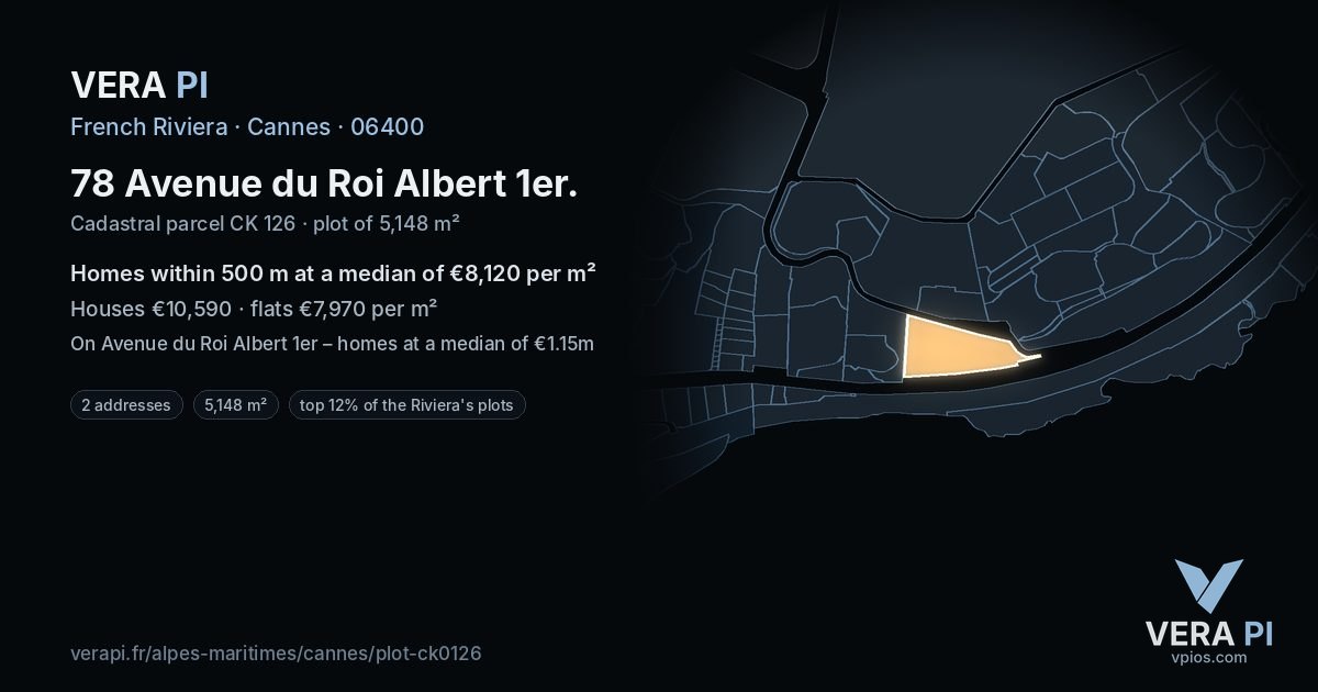 78 Avenue du Roi Albert 1er, Cannes at night – the plot lit, the parcels around coloured by the prices near them