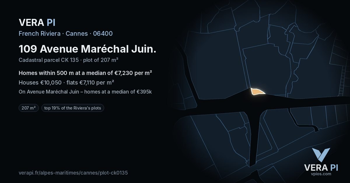 109 Avenue Maréchal Juin, Cannes at night – the plot lit, the parcels around coloured by the prices near them