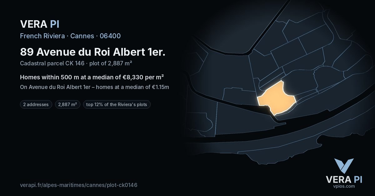 89 Avenue du Roi Albert 1er, Cannes at night – the plot lit, the parcels around coloured by the prices near them