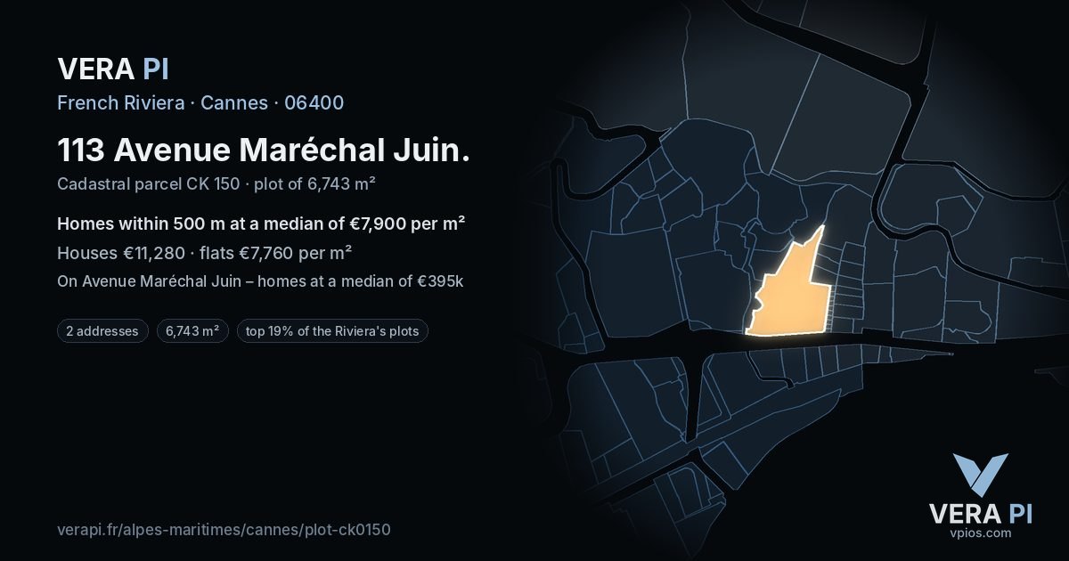 113 Avenue Maréchal Juin, Cannes at night – the plot lit, the parcels around coloured by the prices near them