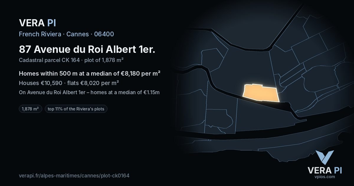 87 Avenue du Roi Albert 1er, Cannes at night – the plot lit, the parcels around coloured by the prices near them
