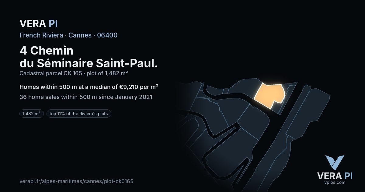4 Chemin du Séminaire Saint-Paul, Cannes at night – the plot lit, the parcels around coloured by the prices near them