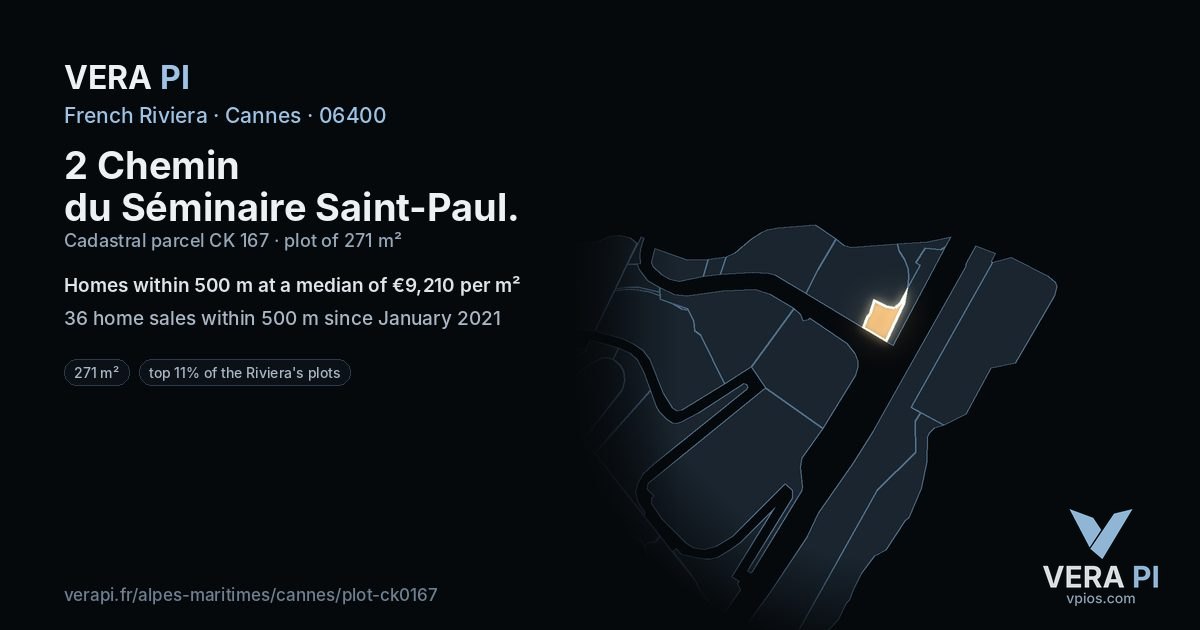 2 Chemin du Séminaire Saint-Paul, Cannes at night – the plot lit, the parcels around coloured by the prices near them