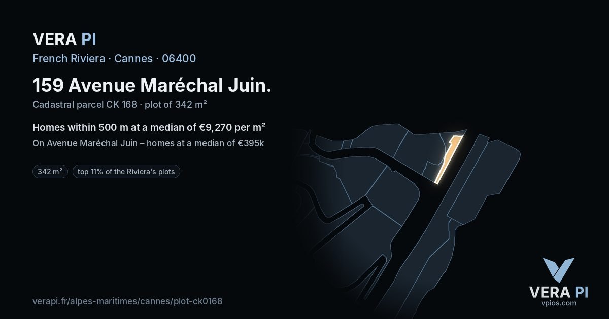 159 Avenue Maréchal Juin, Cannes at night – the plot lit, the parcels around coloured by the prices near them