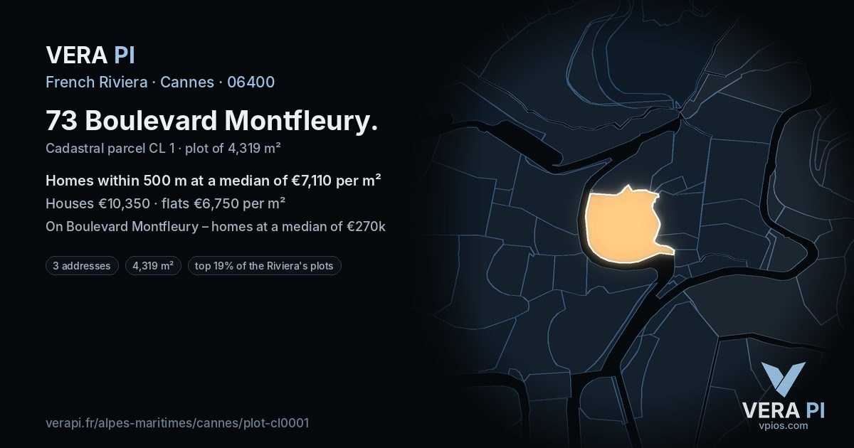 73 Boulevard Montfleury, Cannes at night – the plot lit, the parcels around coloured by the prices near them