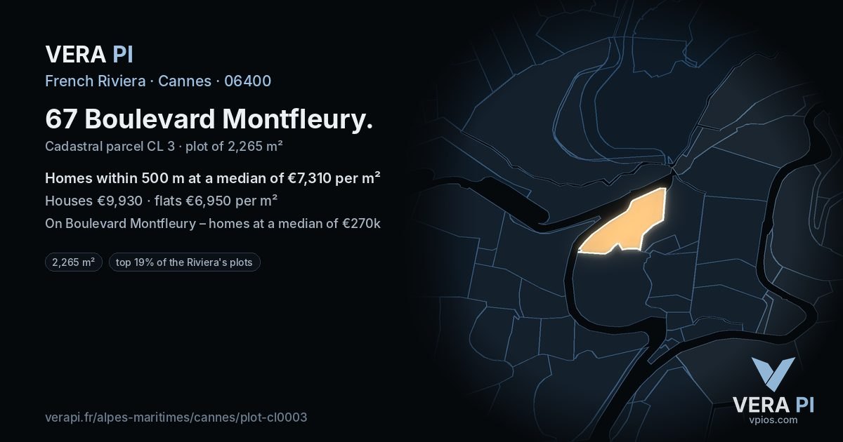 67 Boulevard Montfleury, Cannes at night – the plot lit, the parcels around coloured by the prices near them