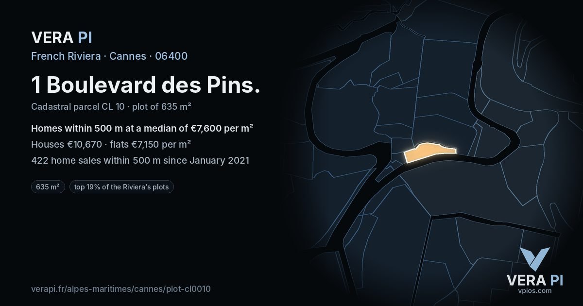 1 Boulevard des Pins, Cannes at night – the plot lit, the parcels around coloured by the prices near them