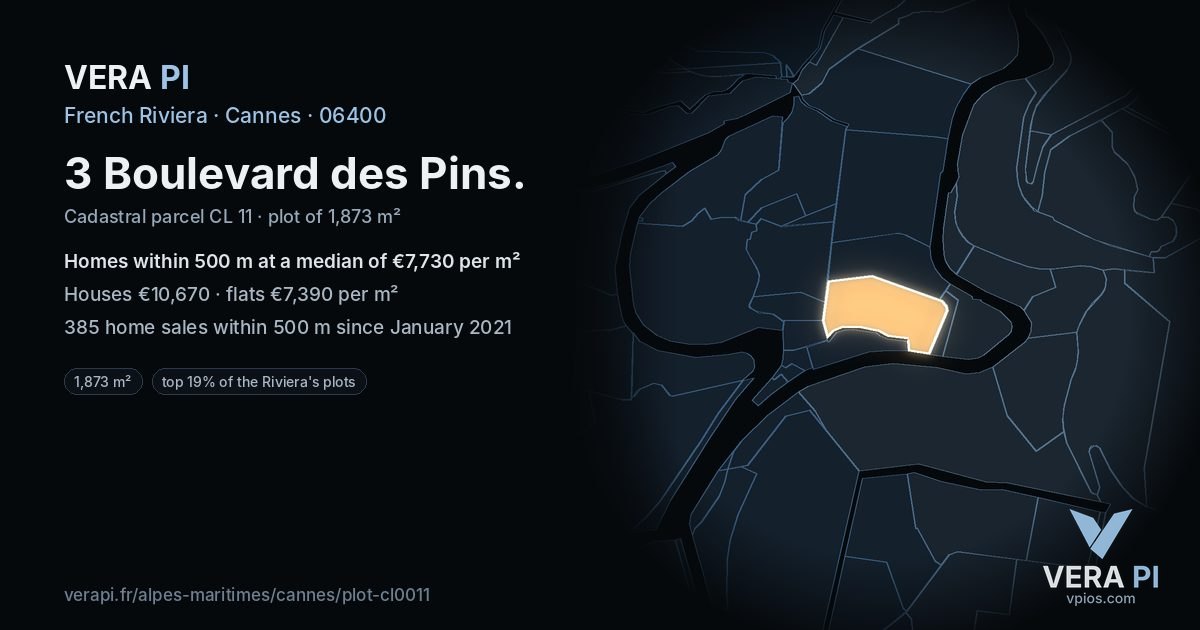 3 Boulevard des Pins, Cannes at night – the plot lit, the parcels around coloured by the prices near them