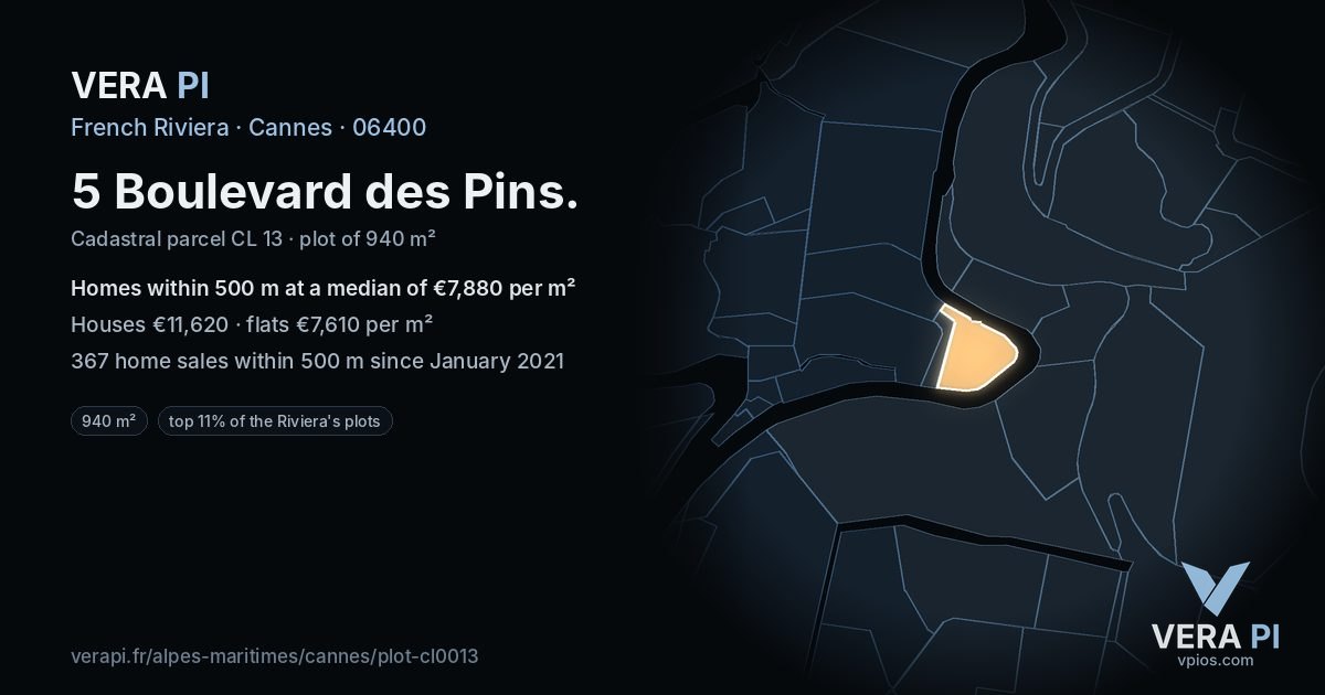 5 Boulevard des Pins, Cannes at night – the plot lit, the parcels around coloured by the prices near them