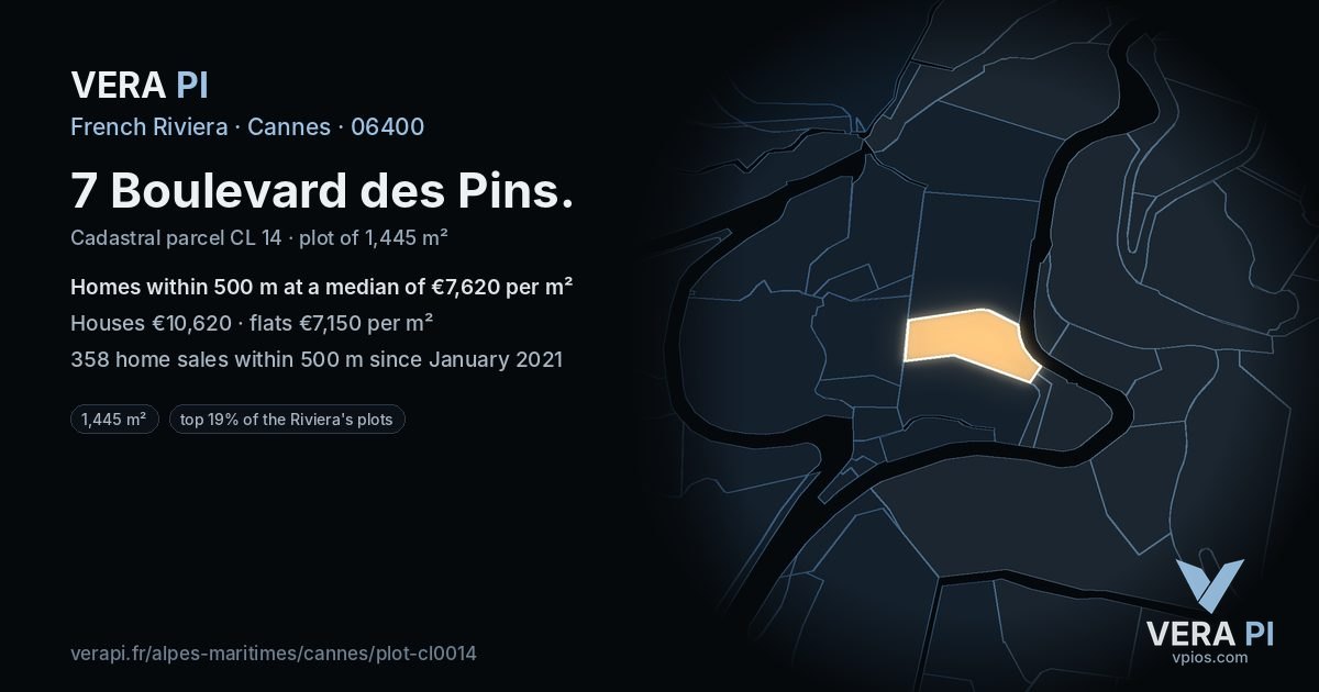 7 Boulevard des Pins, Cannes at night – the plot lit, the parcels around coloured by the prices near them