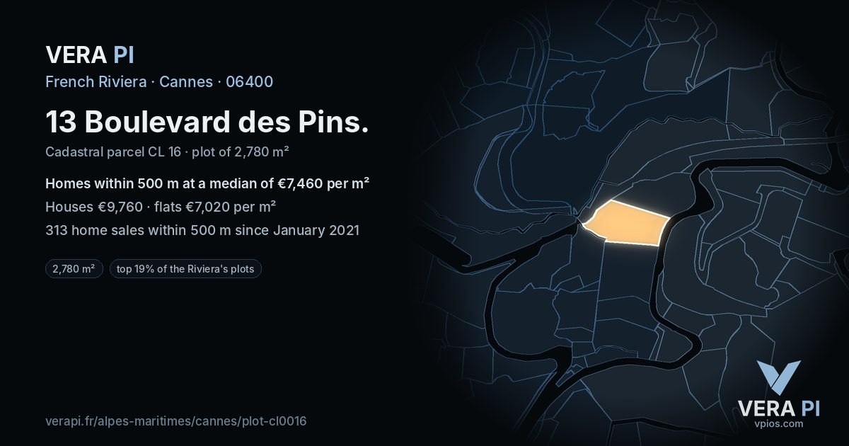 13 Boulevard des Pins, Cannes at night – the plot lit, the parcels around coloured by the prices near them