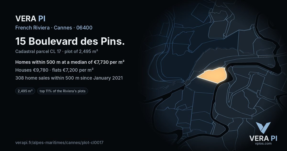 15 Boulevard des Pins, Cannes at night – the plot lit, the parcels around coloured by the prices near them