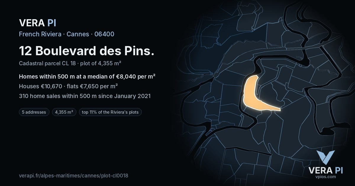 12 Boulevard des Pins, Cannes at night – the plot lit, the parcels around coloured by the prices near them