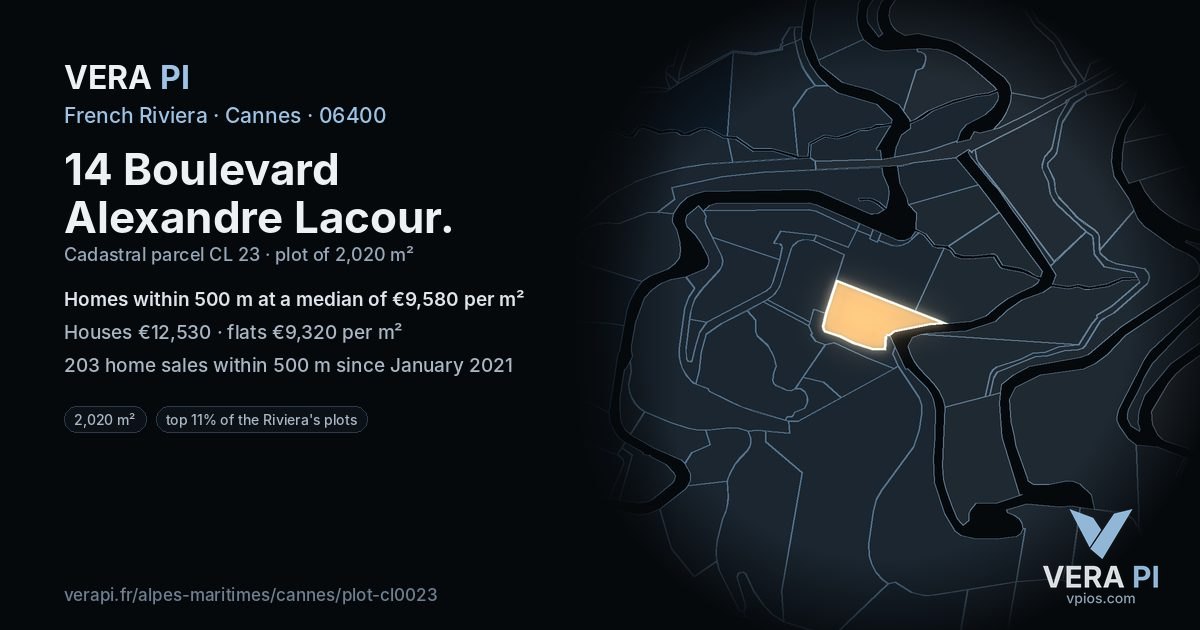 14 Boulevard Alexandre Lacour, Cannes at night – the plot lit, the parcels around coloured by the prices near them