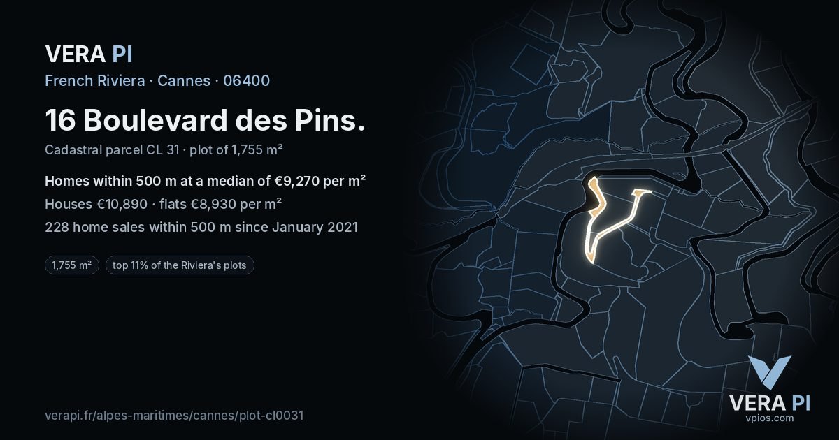 16 Boulevard des Pins, Cannes at night – the plot lit, the parcels around coloured by the prices near them