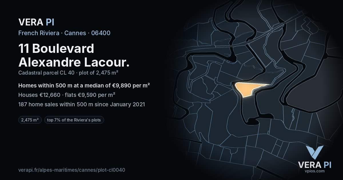 11 Boulevard Alexandre Lacour, Cannes at night – the plot lit, the parcels around coloured by the prices near them