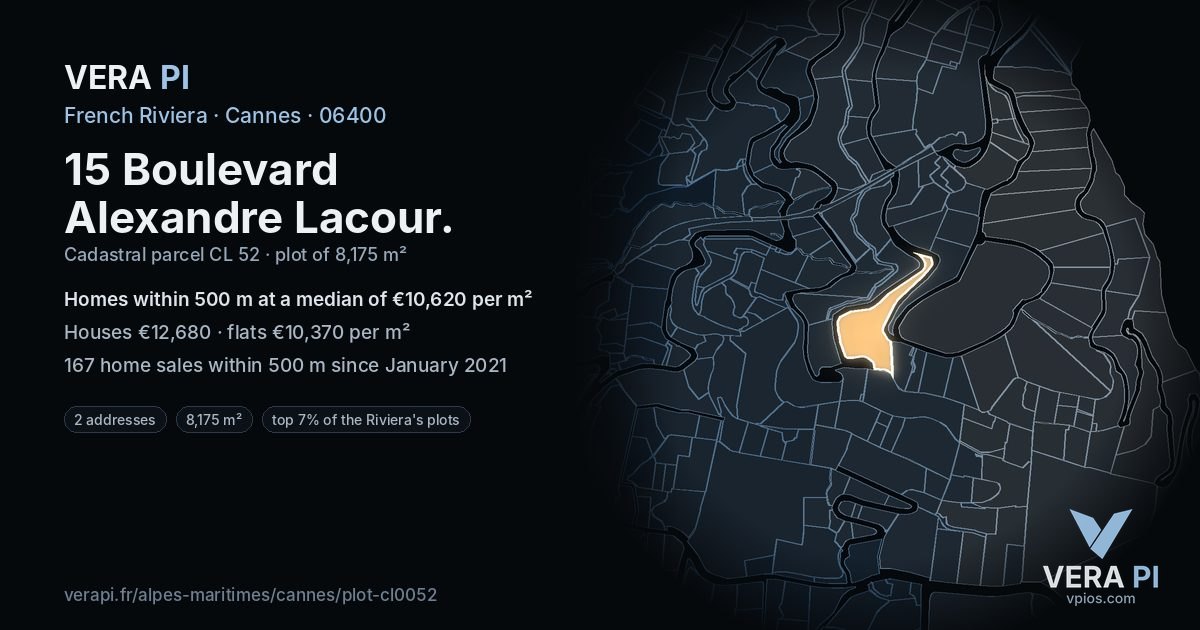 15 Boulevard Alexandre Lacour, Cannes at night – the plot lit, the parcels around coloured by the prices near them