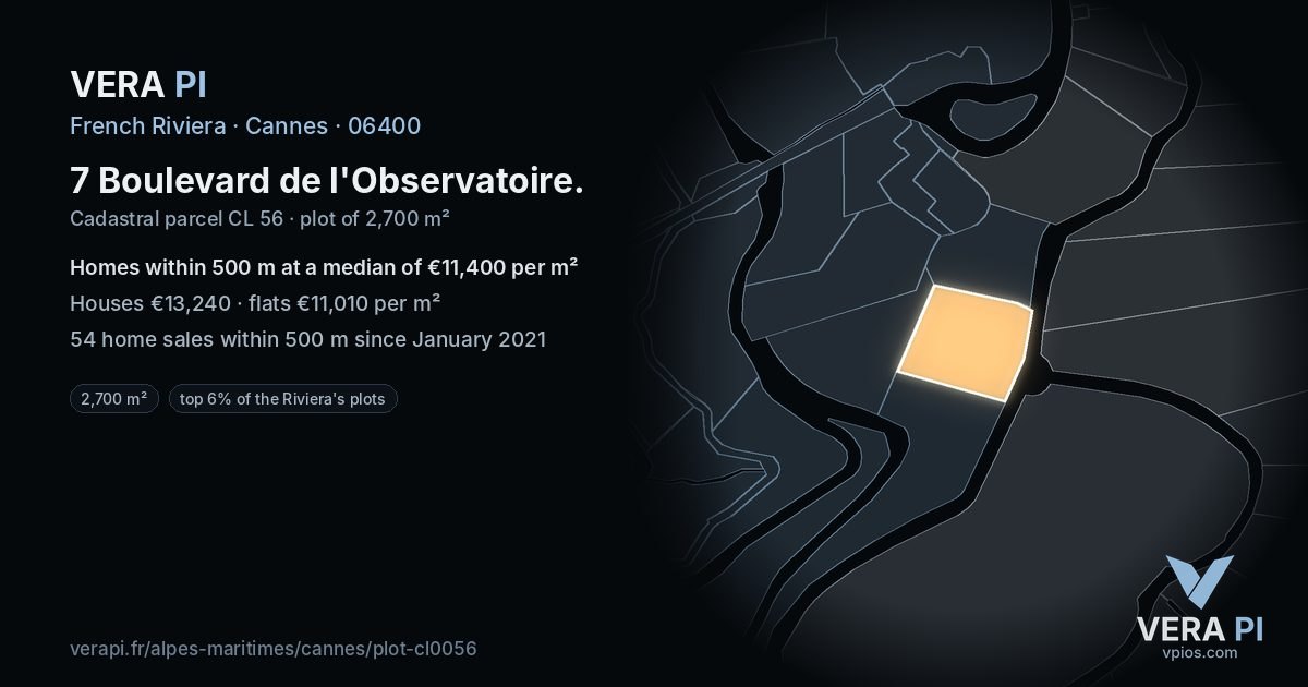 7 Boulevard de l'Observatoire, Cannes at night – the plot lit, the parcels around coloured by the prices near them