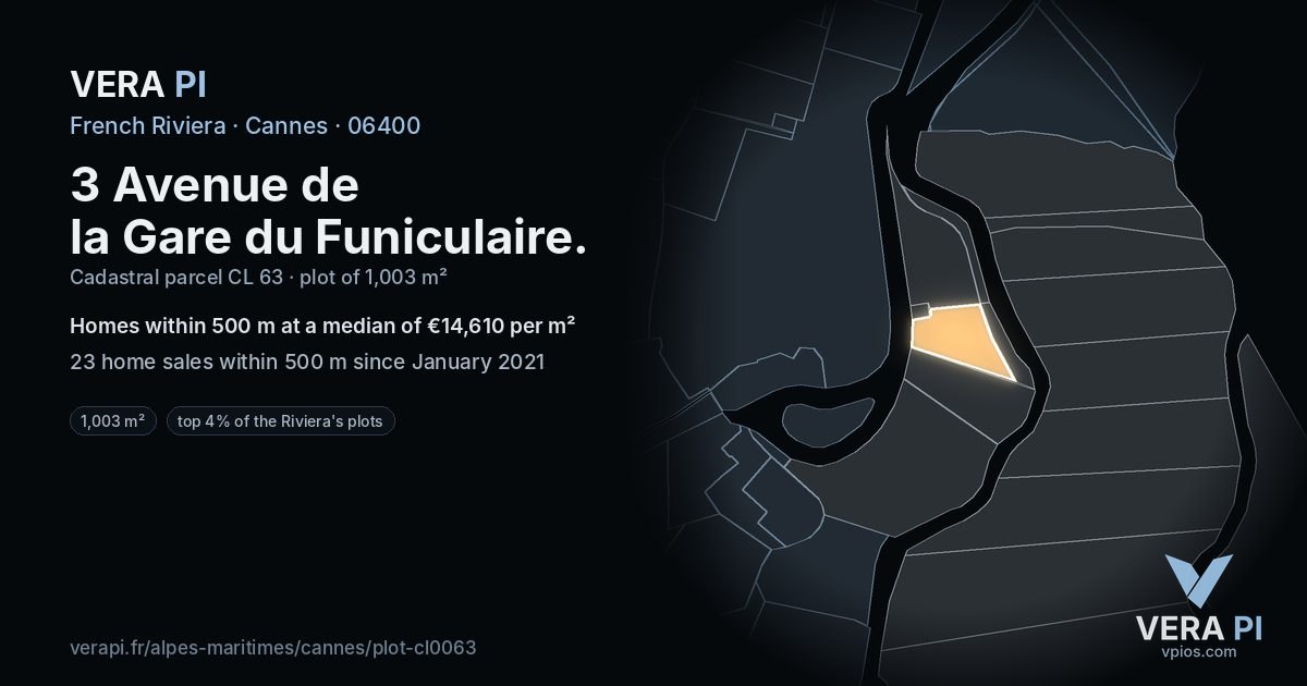 3 Avenue de la Gare du Funiculaire, Cannes at night – the plot lit, the parcels around coloured by the prices near them