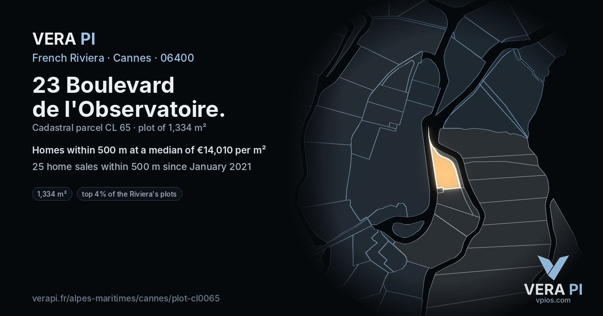 23 Boulevard de l'Observatoire, Cannes at night – the plot lit, the parcels around coloured by the prices near them