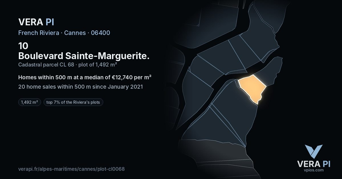 10 Boulevard Sainte-Marguerite, Cannes at night – the plot lit, the parcels around coloured by the prices near them