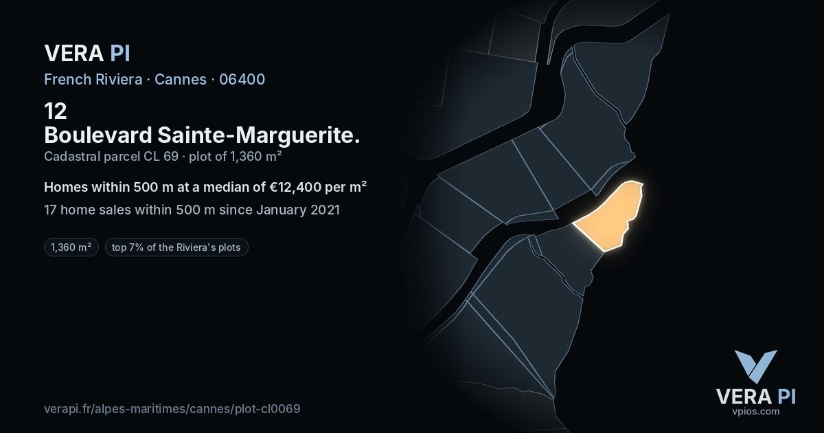 12 Boulevard Sainte-Marguerite, Cannes at night – the plot lit, the parcels around coloured by the prices near them