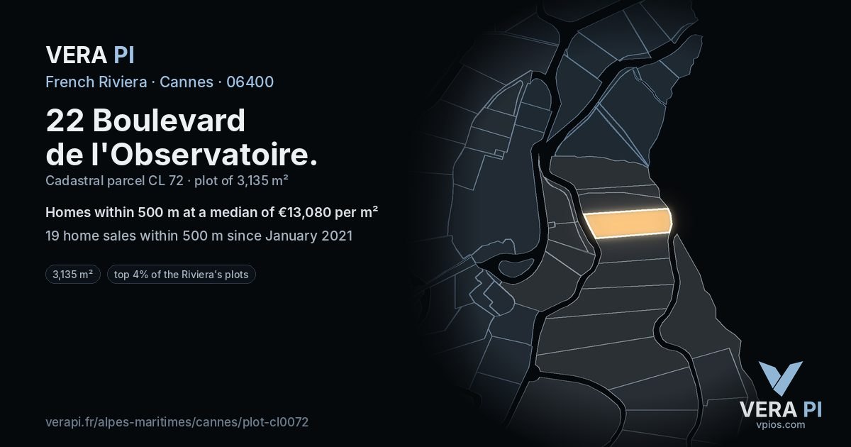 22 Boulevard de l'Observatoire, Cannes at night – the plot lit, the parcels around coloured by the prices near them