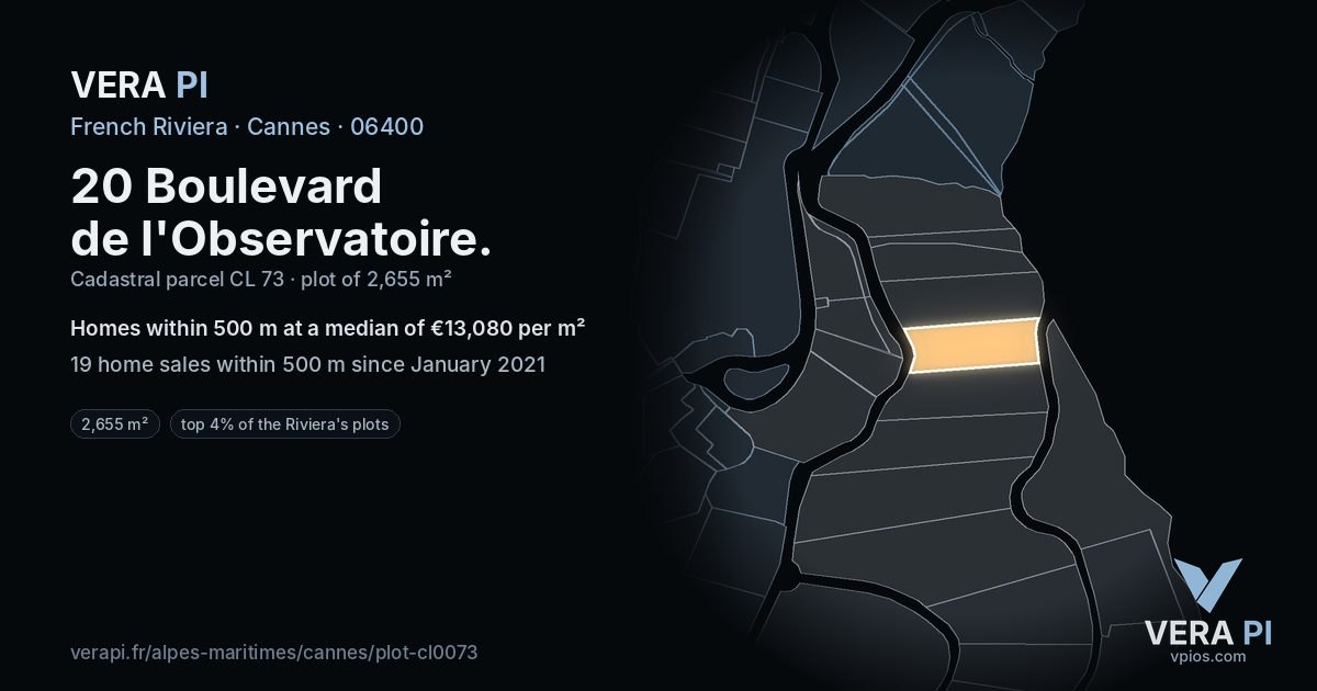 20 Boulevard de l'Observatoire, Cannes at night – the plot lit, the parcels around coloured by the prices near them