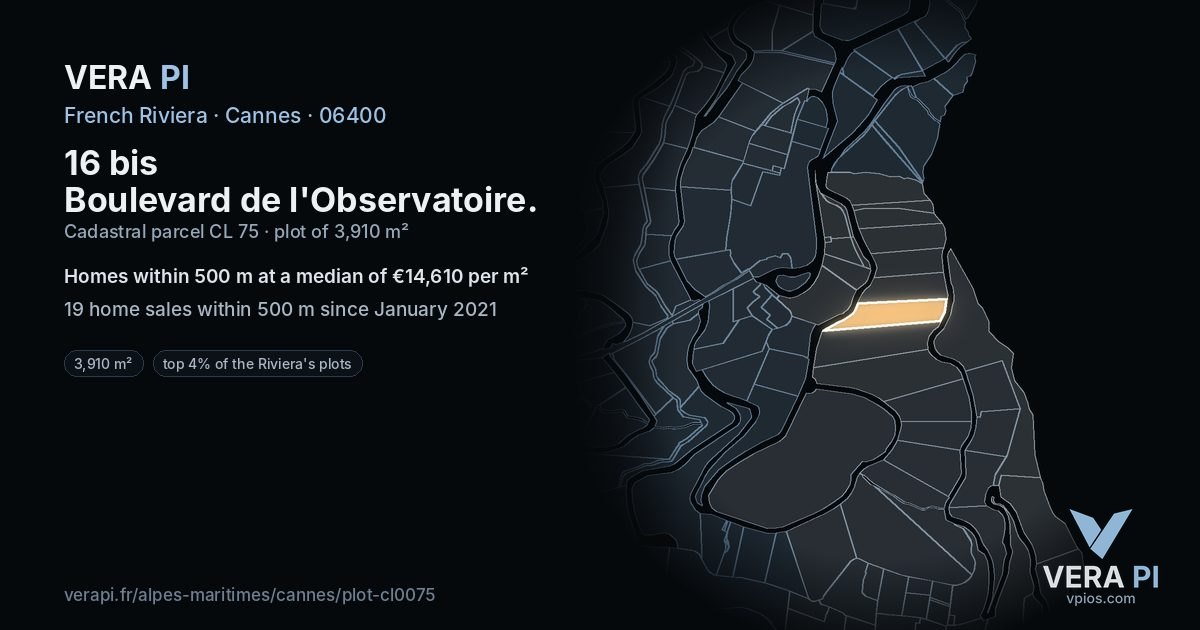 16 bis Boulevard de l'Observatoire, Cannes at night – the plot lit, the parcels around coloured by the prices near them