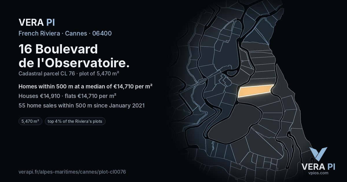 16 Boulevard de l'Observatoire, Cannes at night – the plot lit, the parcels around coloured by the prices near them