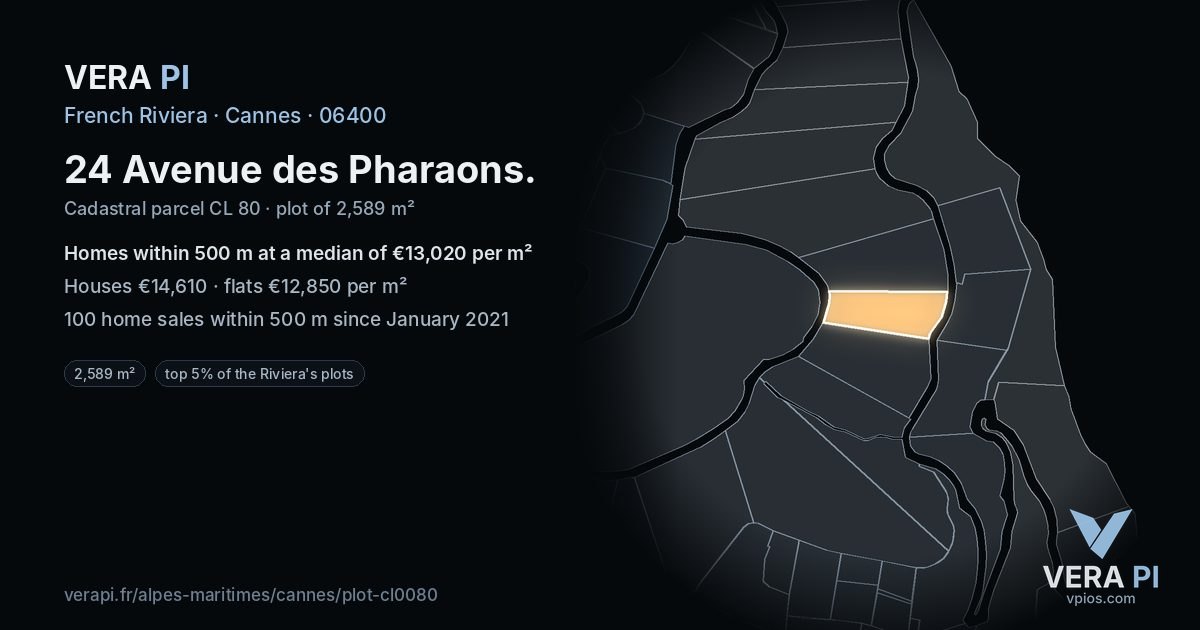 24 Avenue des Pharaons, Cannes at night – the plot lit, the parcels around coloured by the prices near them