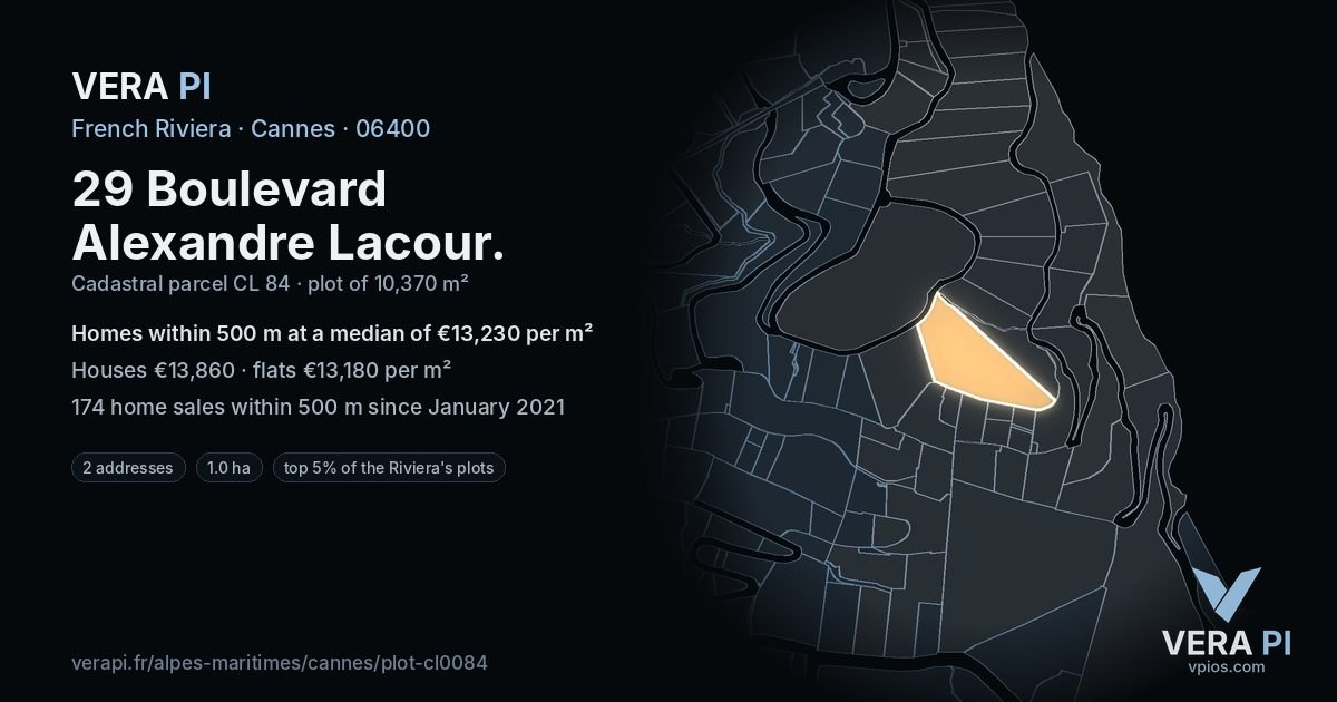 29 Boulevard Alexandre Lacour, Cannes at night – the plot lit, the parcels around coloured by the prices near them