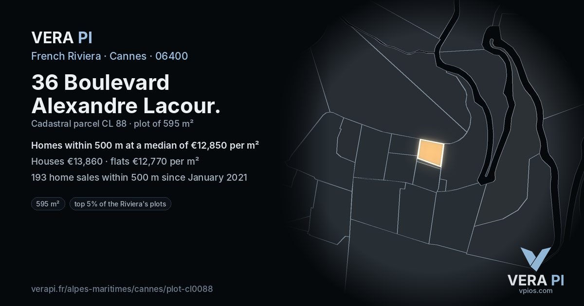 36 Boulevard Alexandre Lacour, Cannes at night – the plot lit, the parcels around coloured by the prices near them