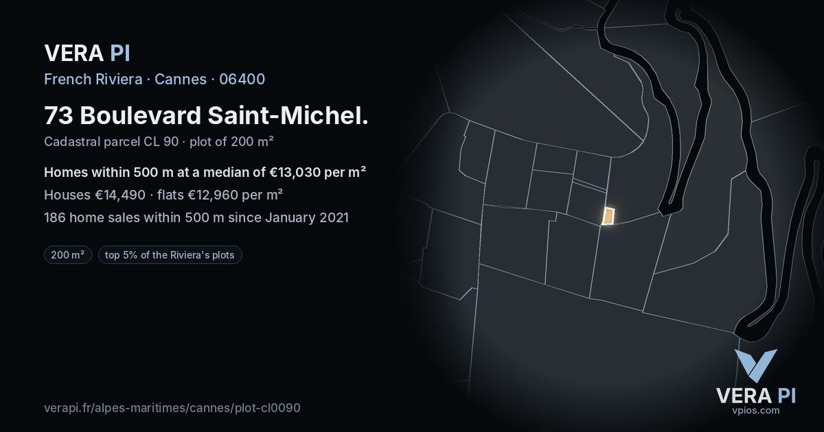 73 Boulevard Saint-Michel, Cannes at night – the plot lit, the parcels around coloured by the prices near them