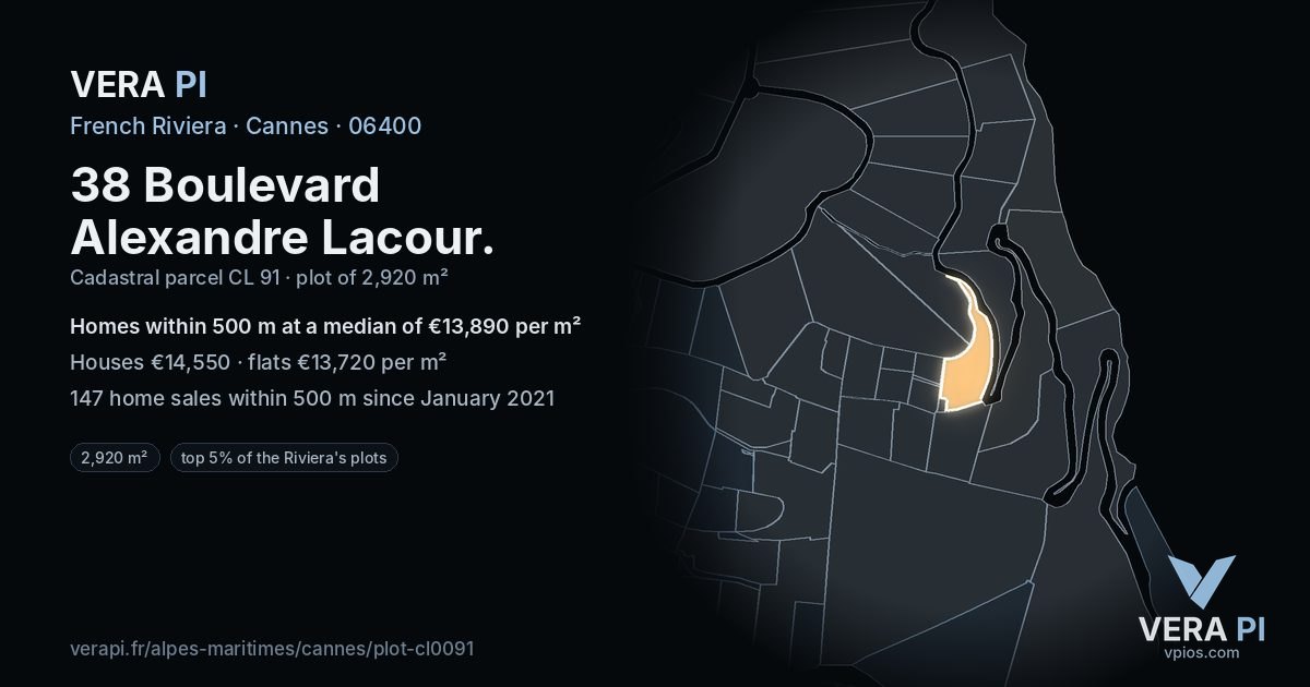 38 Boulevard Alexandre Lacour, Cannes at night – the plot lit, the parcels around coloured by the prices near them