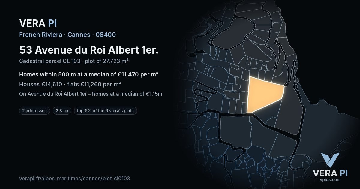 53 Avenue du Roi Albert 1er, Cannes at night – the plot lit, the parcels around coloured by the prices near them