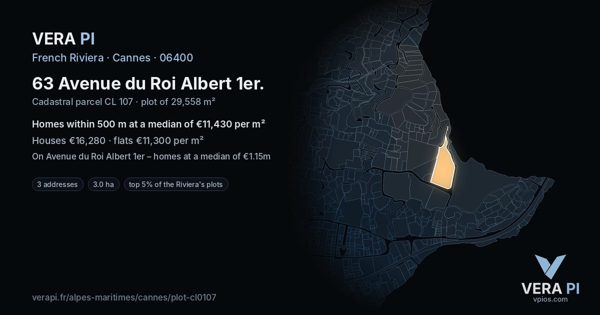 63 Avenue du Roi Albert 1er, Cannes at night – the plot lit, the parcels around coloured by the prices near them