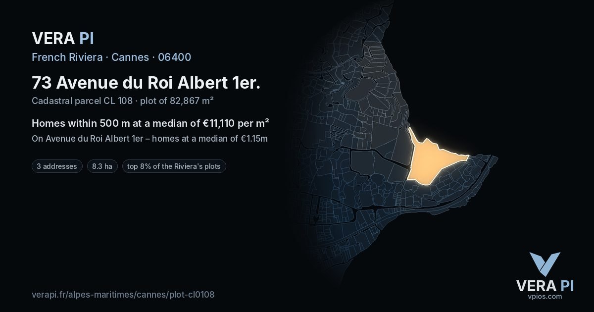 73 Avenue du Roi Albert 1er, Cannes at night – the plot lit, the parcels around coloured by the prices near them