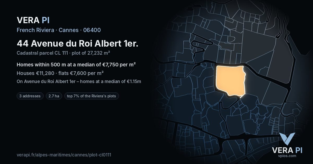 44 Avenue du Roi Albert 1er, Cannes at night – the plot lit, the parcels around coloured by the prices near them